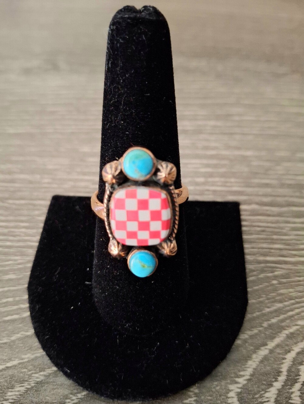 Ring Pink Checkerboard With Turquoise Accents Copper Adjustable Sizing 8-9-10 - Picture 2 of 5